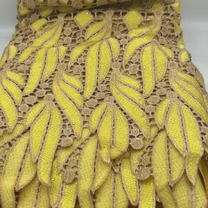 Elegant Nigerian Handcut Lace Fabric 6yds with 2 Sego Gele (gold) head pieces.